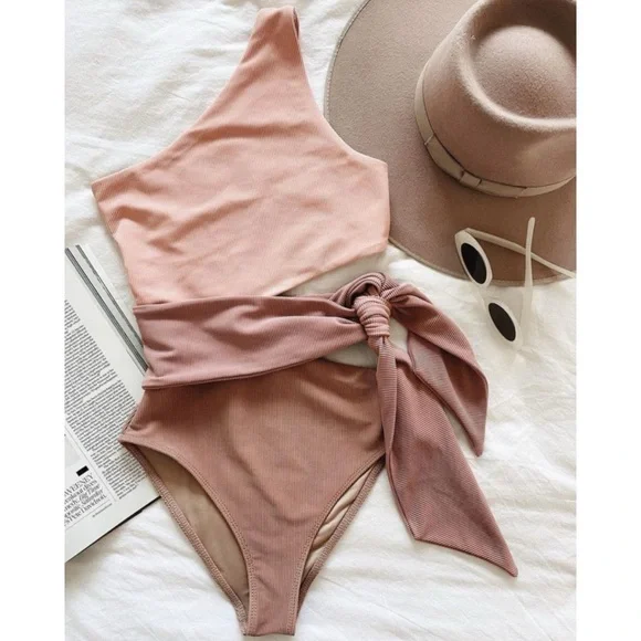 Beach Riot Carlie Blush Pink Ribbed One Shoulder Side Tie One Piece Swim Medium - Picture 3 of 13